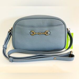 Sam Edelman Dusty Blue Pebbled Leather Crossbody Bag w/Gold Accents.